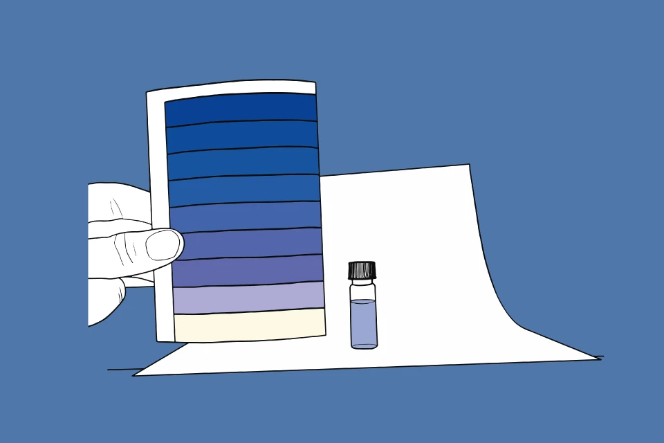 Step 3 of LSD test kit: Compare the resulting color intensity with the color chart of the miraculix LSD QTestto determine LSD potency. The scale ranges from 0 µg to 190 µg for accurate evaluation