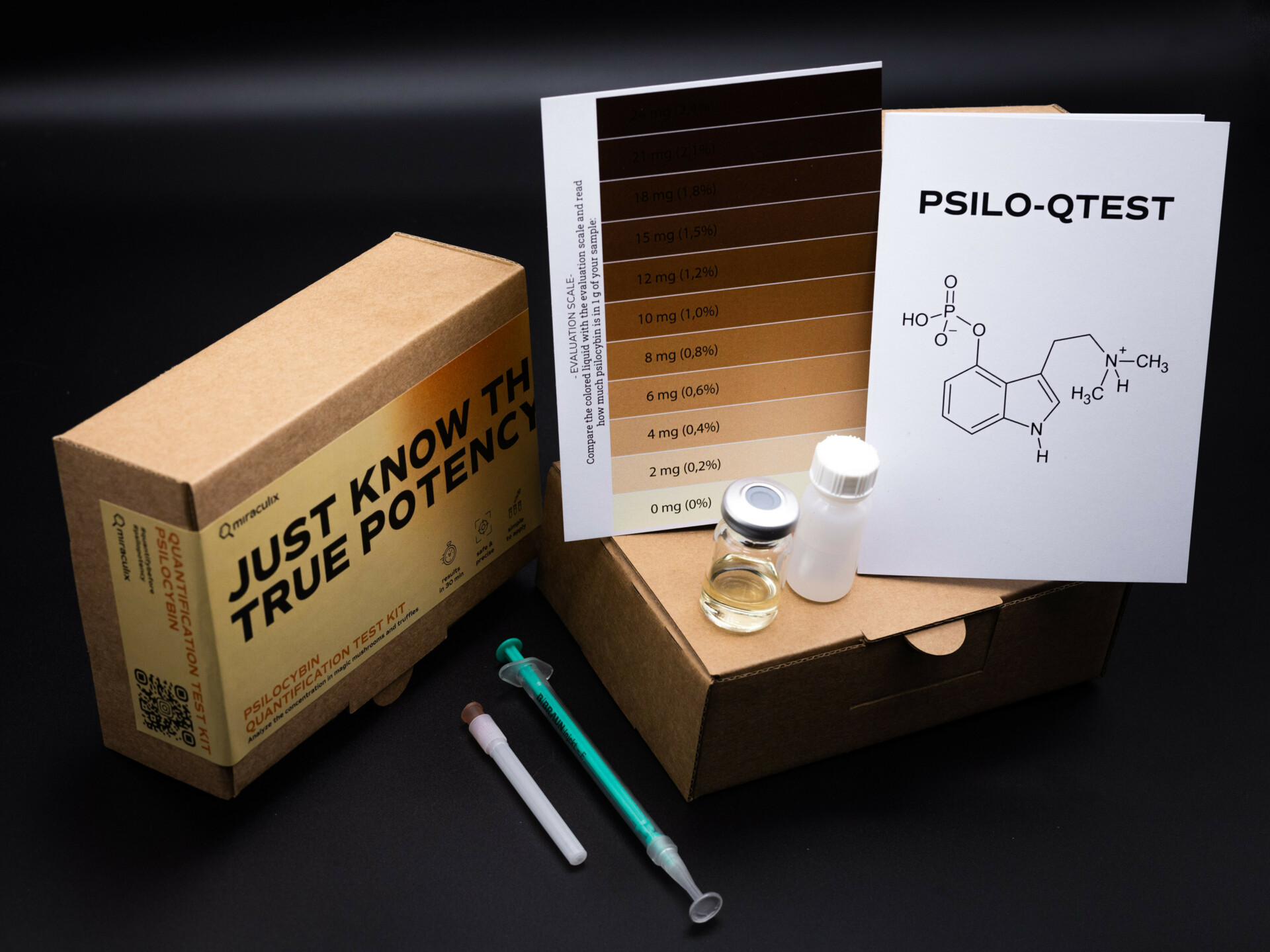 Psilocybin QTest mit Testutensilien, Anleitung und Auswertungsskala