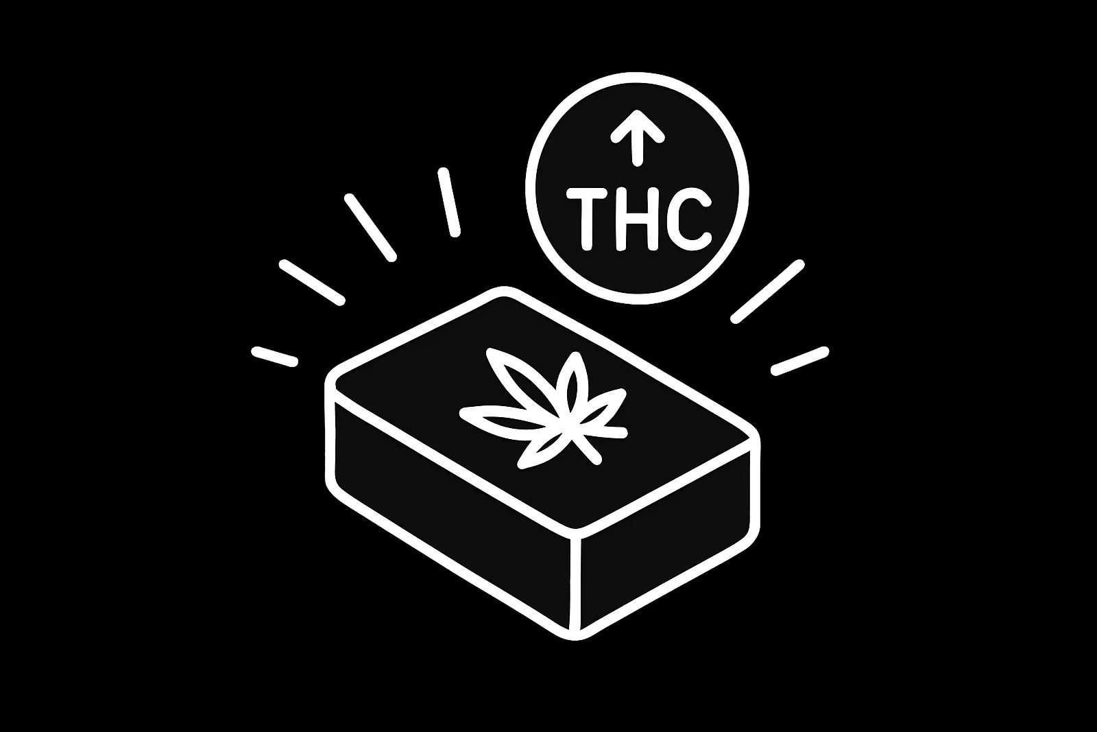 Bestes Haschisch – Piktogramm zur Extrakt-Kategorie beim Deutschen Cannabis Cup Minimalistisches Piktogramm für die Kategorie Bestes Haschisch – stilisierte Haschplatte mit Auszeichnungssymbol in weißer Linie auf schwarzem Hintergrund