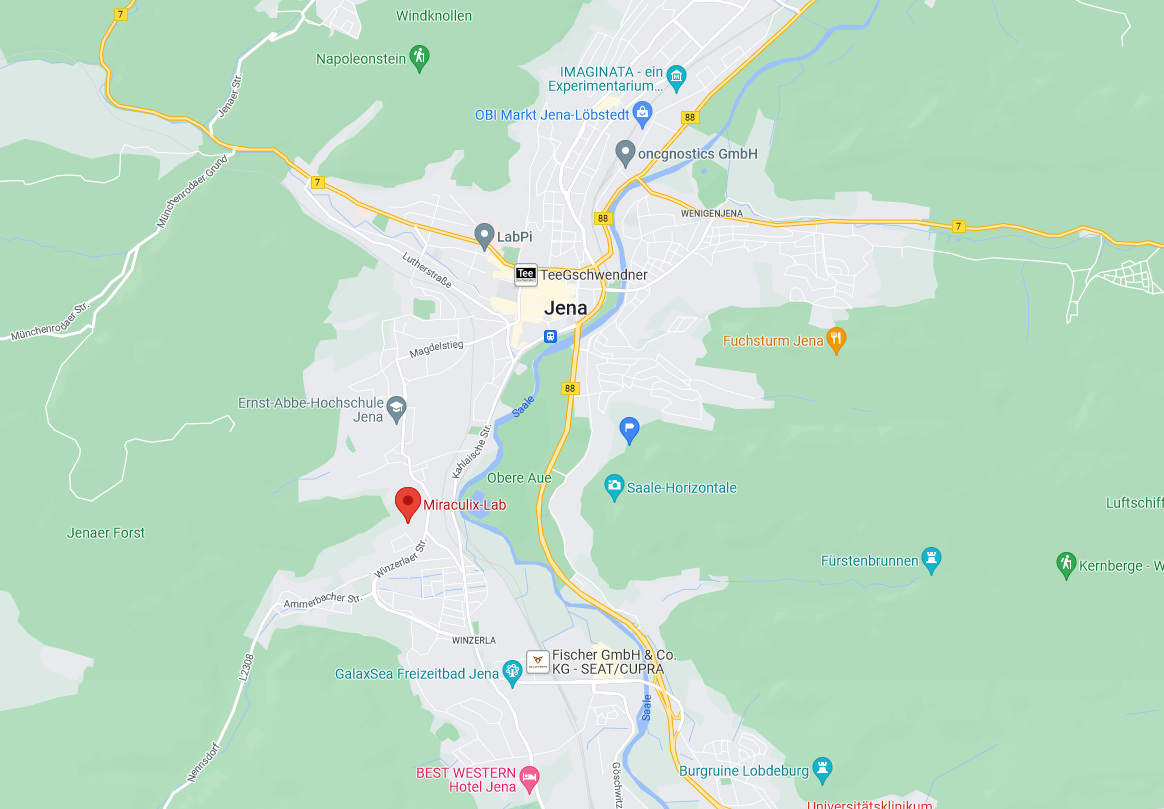 Googlemaps Karten von Jena und der Angabe von miraculix lab