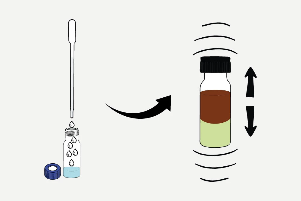 Drops are transferred via a pipette into a glass vial containing blue liquid, which then changes color into 2 phases