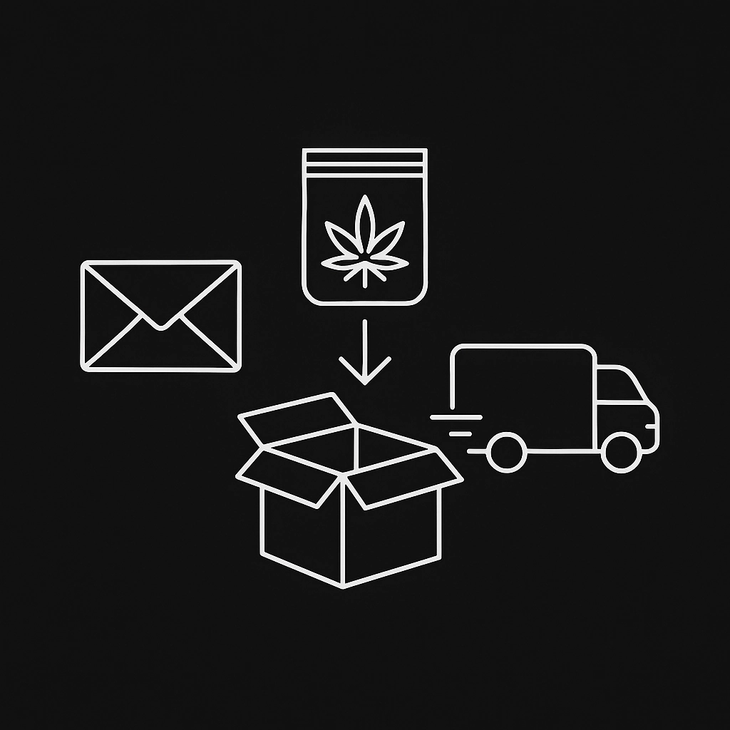 Anmeldung & Probenabholung – Teilnahme am Deutschen Cannabis Cup Symbolische Darstellung der Anmeldung zum Cannabis Cup – E-Mail, Probe und Abholung per Lieferfahrzeug