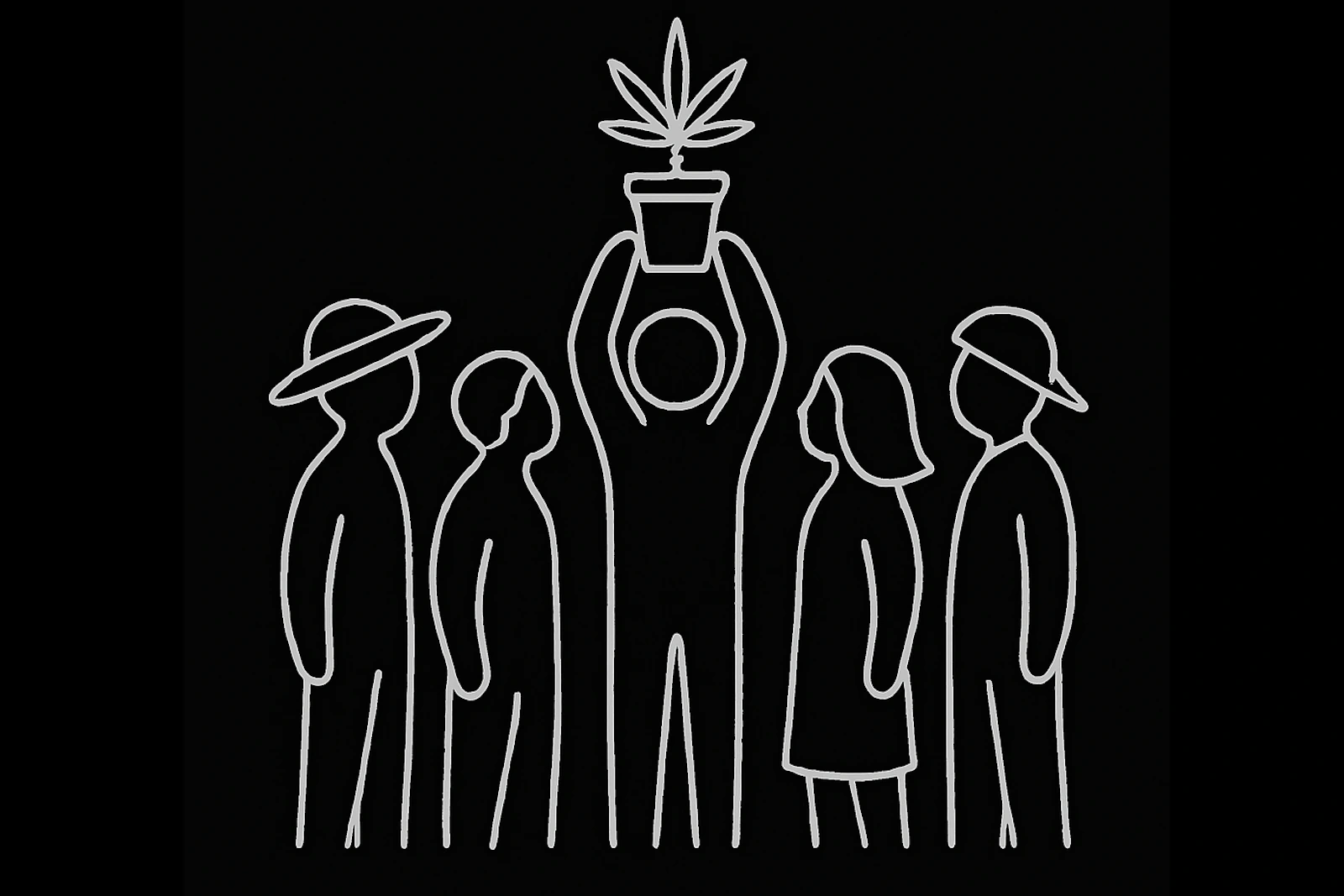 Gemeinschaftliche Anerkennung – Community Favorite beim Cannabis Cup 2025 Minimalistische Darstellung von Gärtner:innen, die eine zentrale Figur mit erhobener Pflanze würdigen – Symbol für Gemeinschaft und Anerkennung beim Deutschen Cannabis Cup